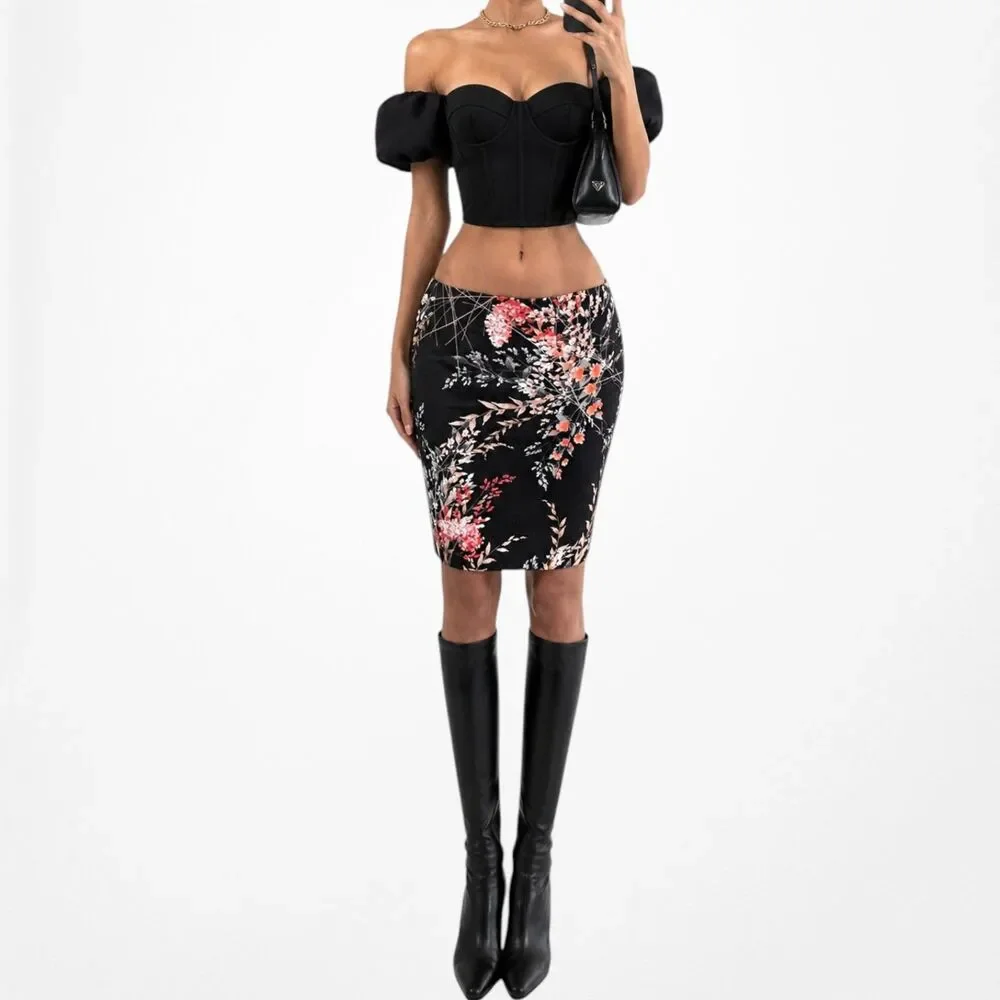 Vintage Y2K Black Floral Print Knee Length Straight Pencil Bodycon Skirt Size M